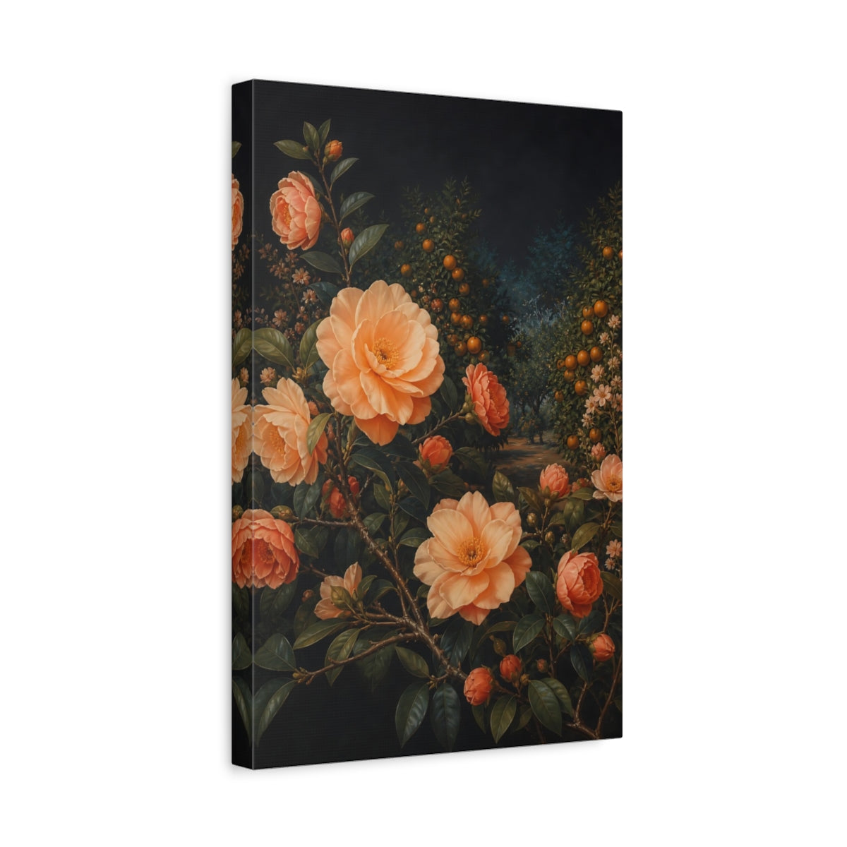 Side Mockup 4. Floral Camellia Flowers Peach Orange Floral shown as stretched canvas wall art