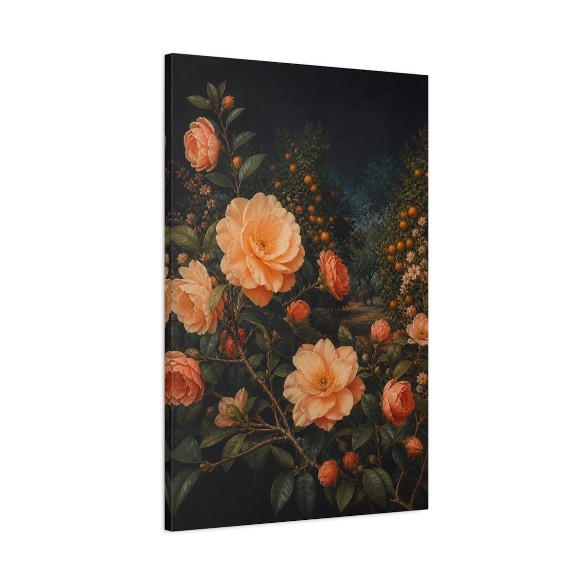 Main Mockup. Floral Camellia Flowers Peach Orange Floral shown as stretched canvas wall art