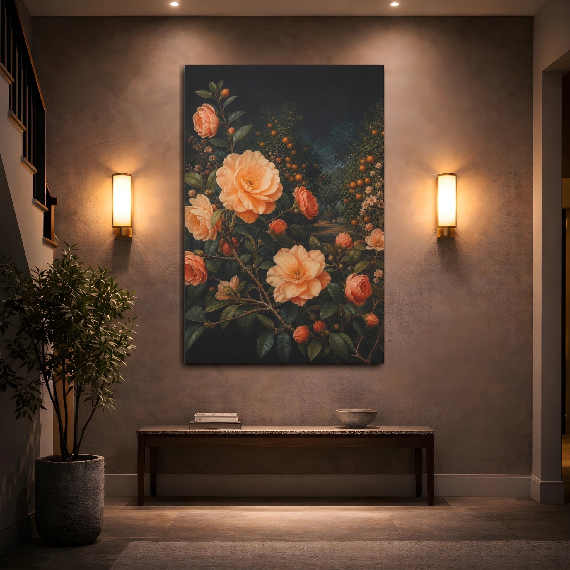 Mockup 2. Floral Camellia Flowers Peach Orange Floral shown as stretched canvas wall art