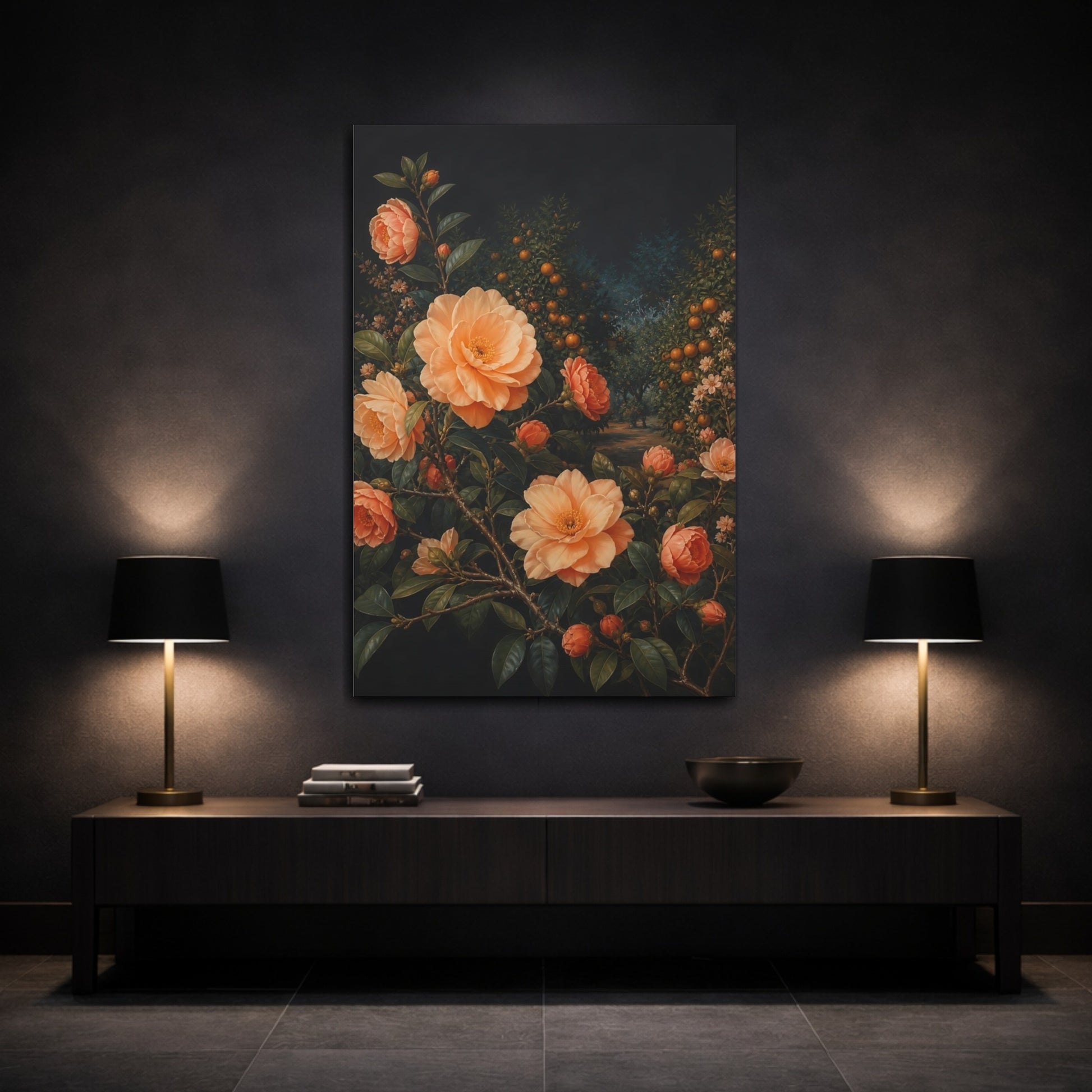 Mockup 3. Floral Camellia Flowers Peach Orange Floral shown as stretched canvas wall art