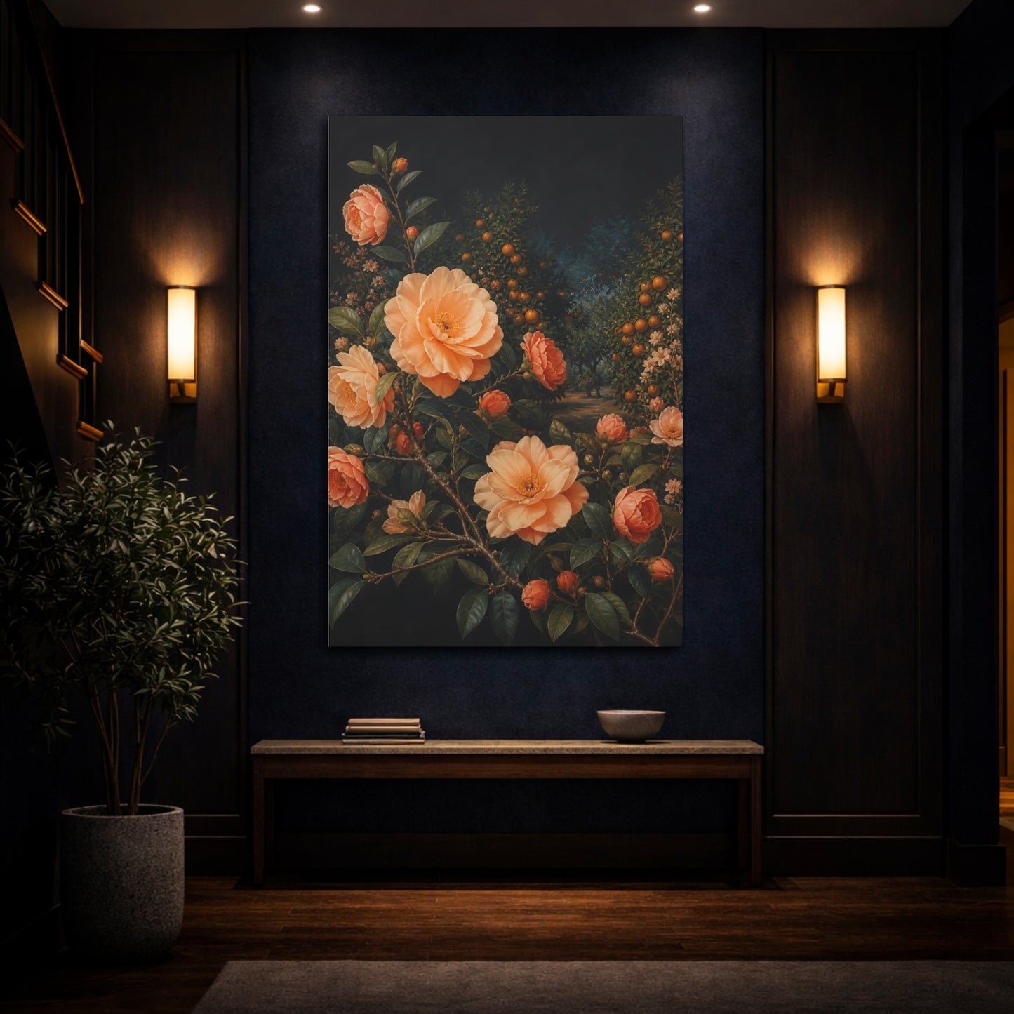 Mockup 4. Floral Camellia Flowers Peach Orange Floral shown as stretched canvas wall art