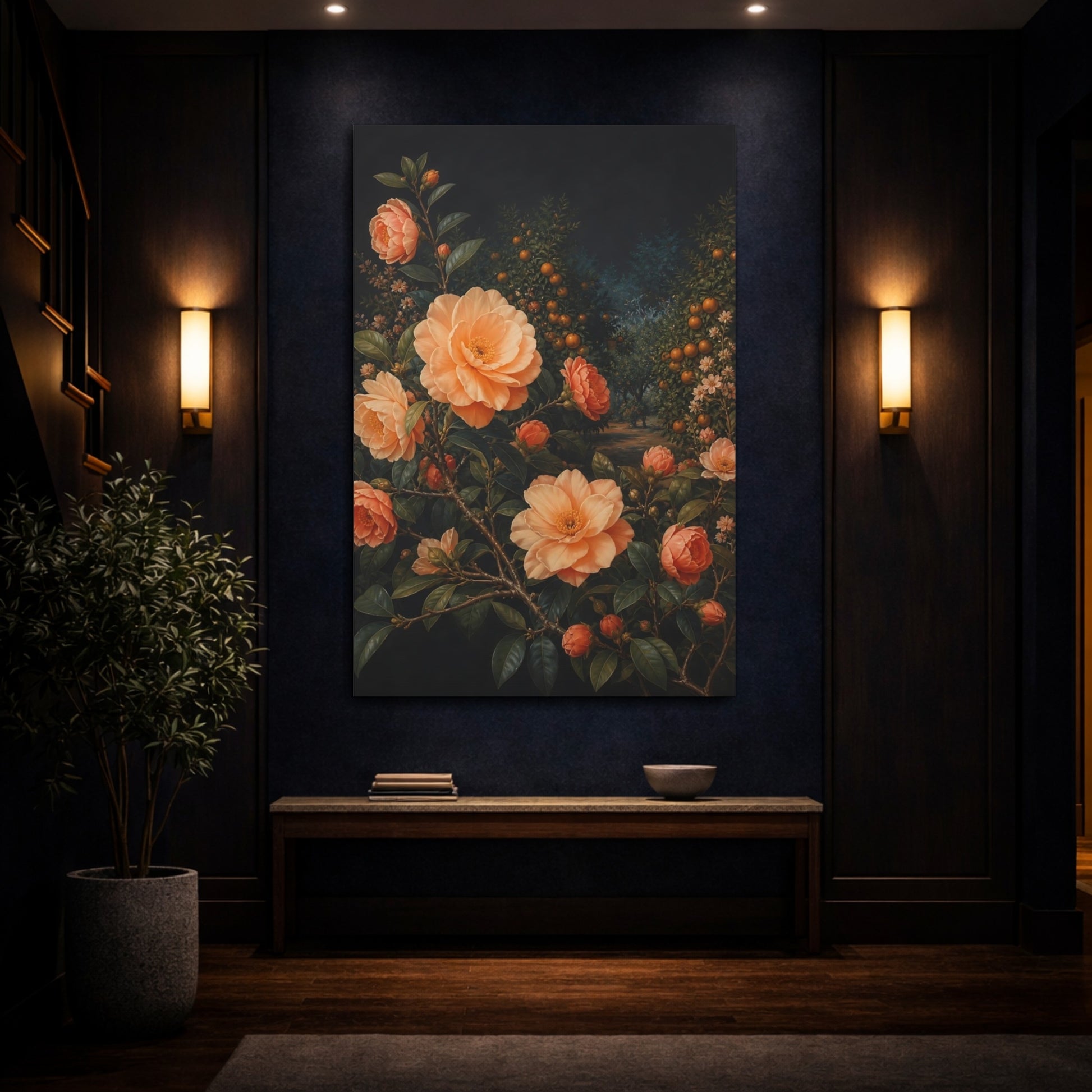 Mockup 4. Floral Camellia Flowers Peach Orange Floral shown as stretched canvas wall art