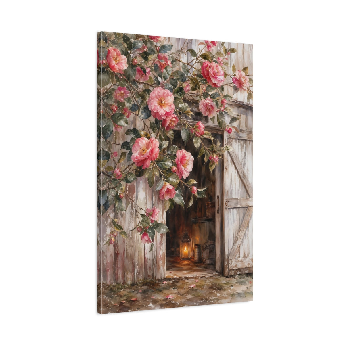 Main Mockup. Floral Camellia Flowers Pink Camellia Rustic shown as stretched canvas wall art