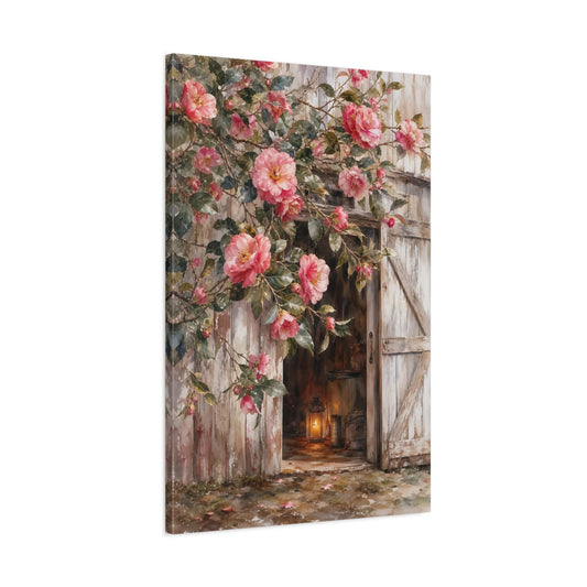 Main Mockup. Floral Camellia Flowers Pink Camellia Rustic shown as stretched canvas wall art