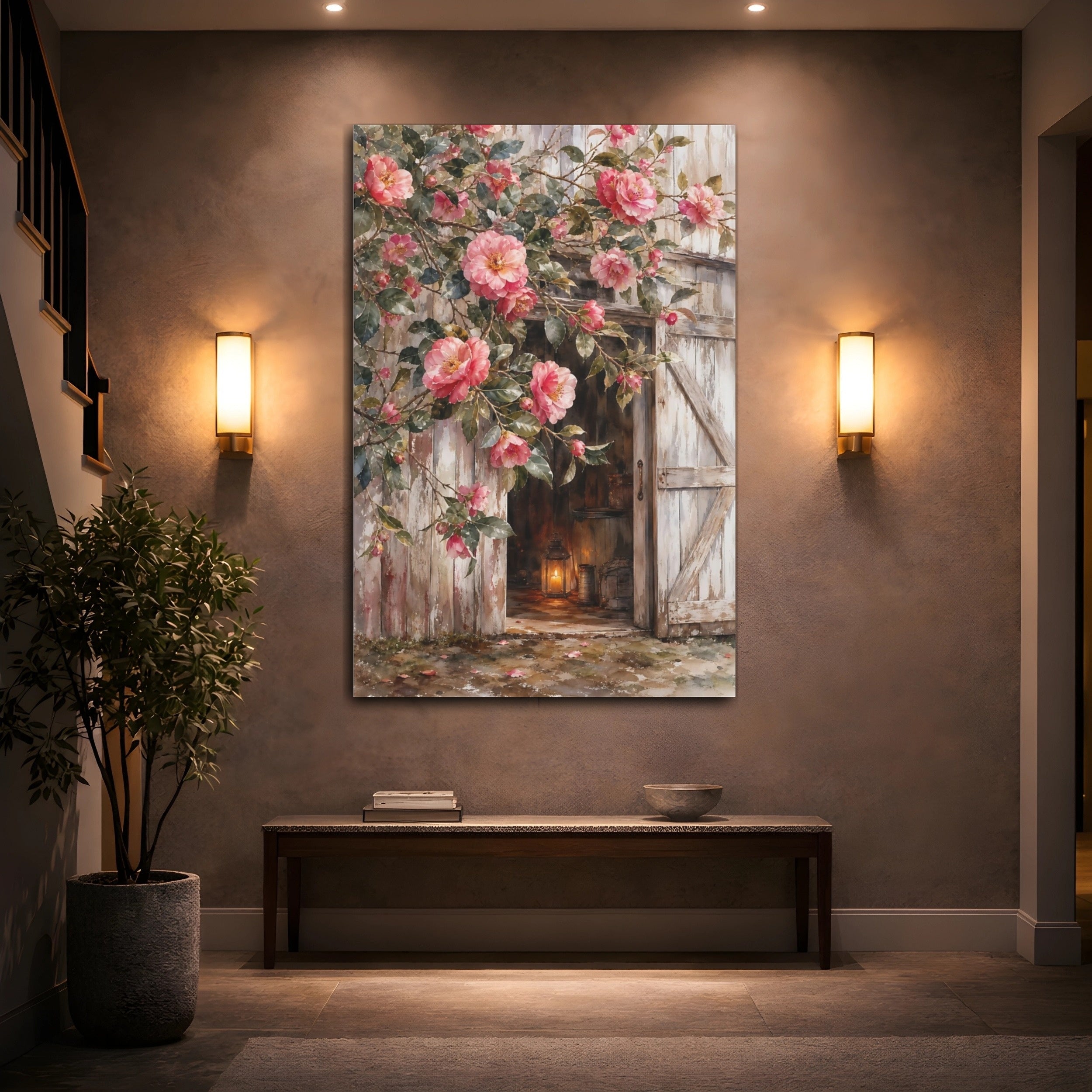 Mockup 2. Floral Camellia Flowers Pink Camellia Rustic shown as stretched canvas wall art