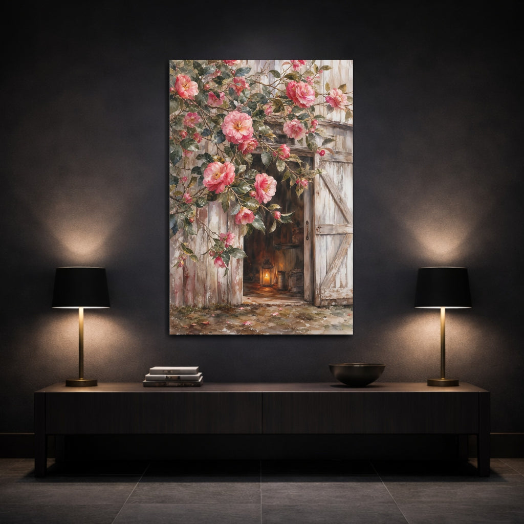 Mockup 3. Floral Camellia Flowers Pink Camellia Rustic shown as stretched canvas wall art