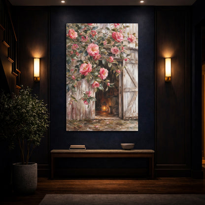 Mockup 4. Floral Camellia Flowers Pink Camellia Rustic shown as stretched canvas wall art