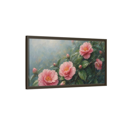 Main Mockup. Floral Camellia Flowers Pink Floral Rain shown as stretched canvas wall art