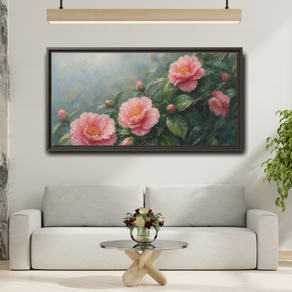Mockup 2. Floral Camellia Flowers Pink Floral Rain shown as stretched canvas wall art