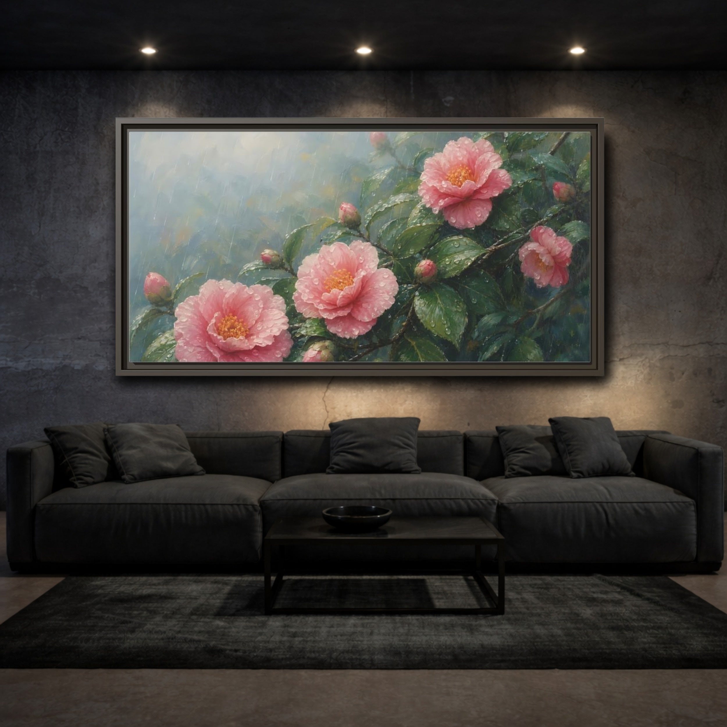 Mockup 3. Floral Camellia Flowers Pink Floral Rain shown as stretched canvas wall art