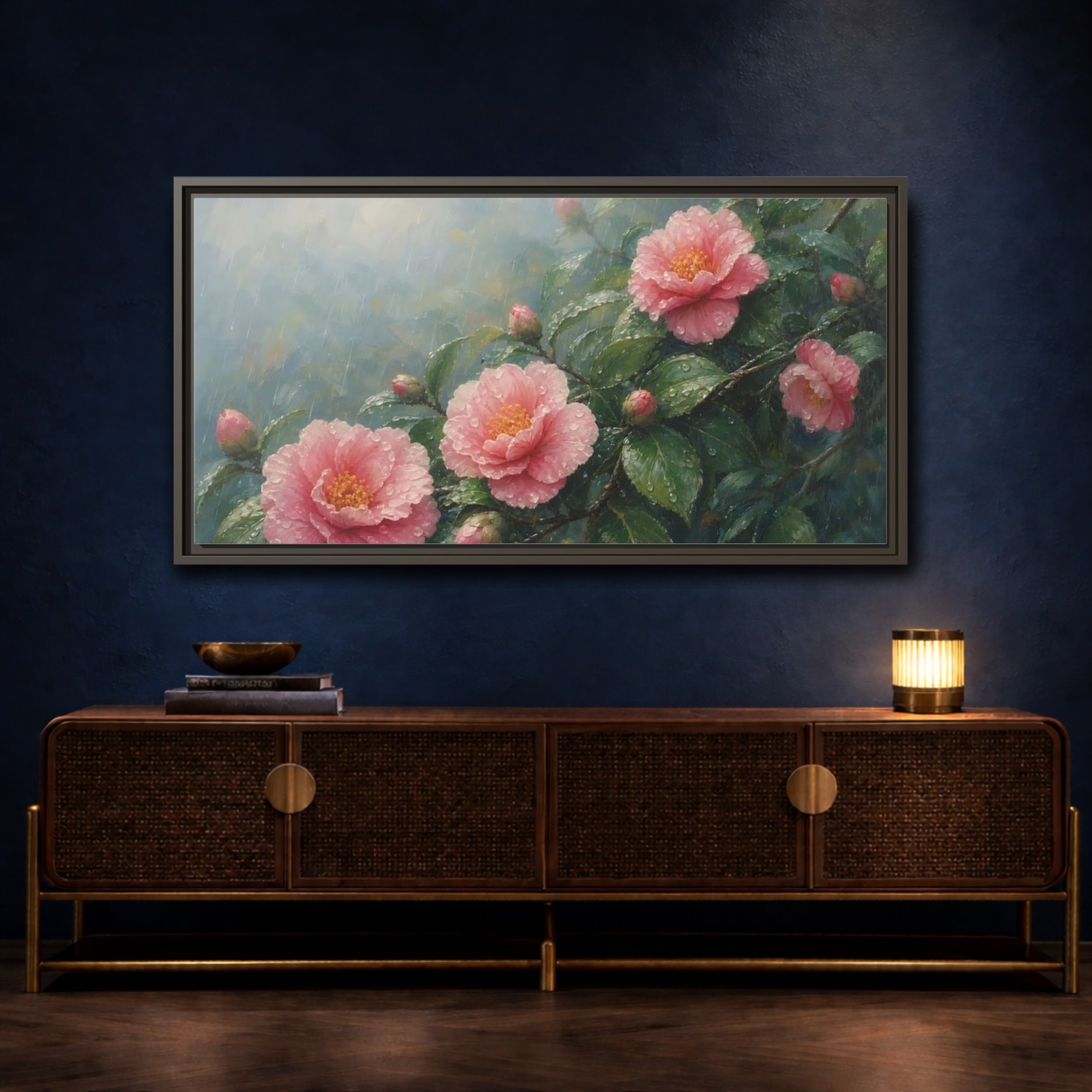 Mockup 4. Floral Camellia Flowers Pink Floral Rain shown as stretched canvas wall art