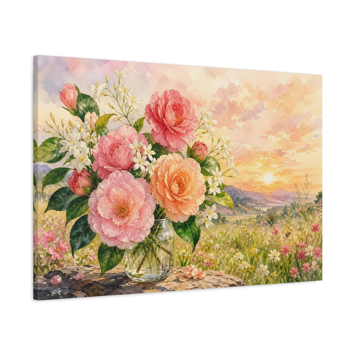 Main Mockup. Floral Camellia Flowers Pink Flowers Sunset shown as stretched canvas wall art