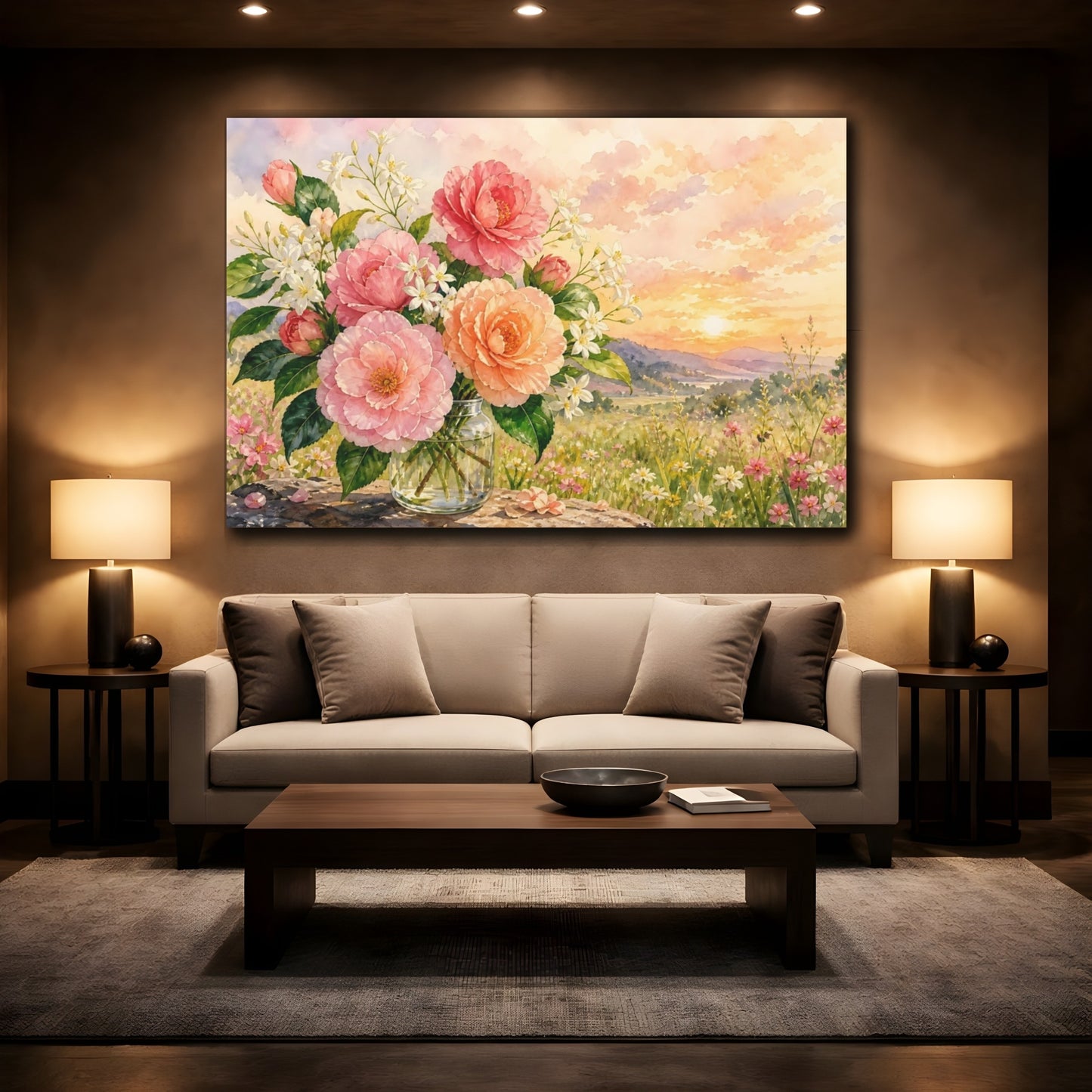 Mockup 2. Floral Camellia Flowers Pink Flowers Sunset shown as stretched canvas wall art