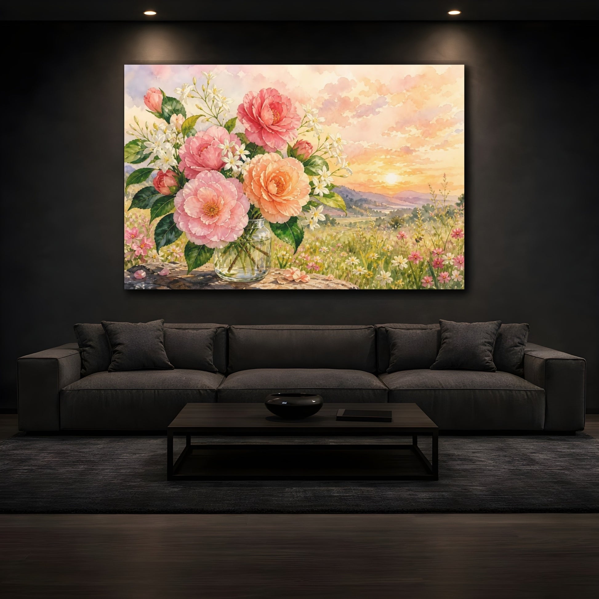 Mockup 3. Floral Camellia Flowers Pink Flowers Sunset shown as stretched canvas wall art