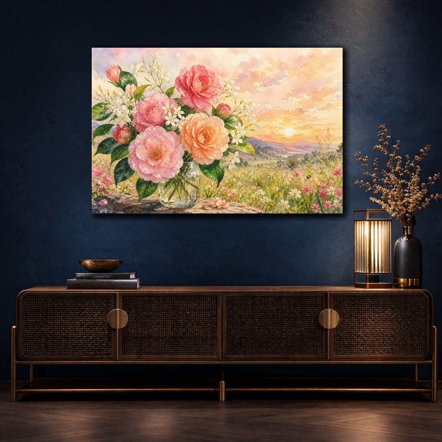 Mockup 4. Floral Camellia Flowers Pink Flowers Sunset shown as stretched canvas wall art