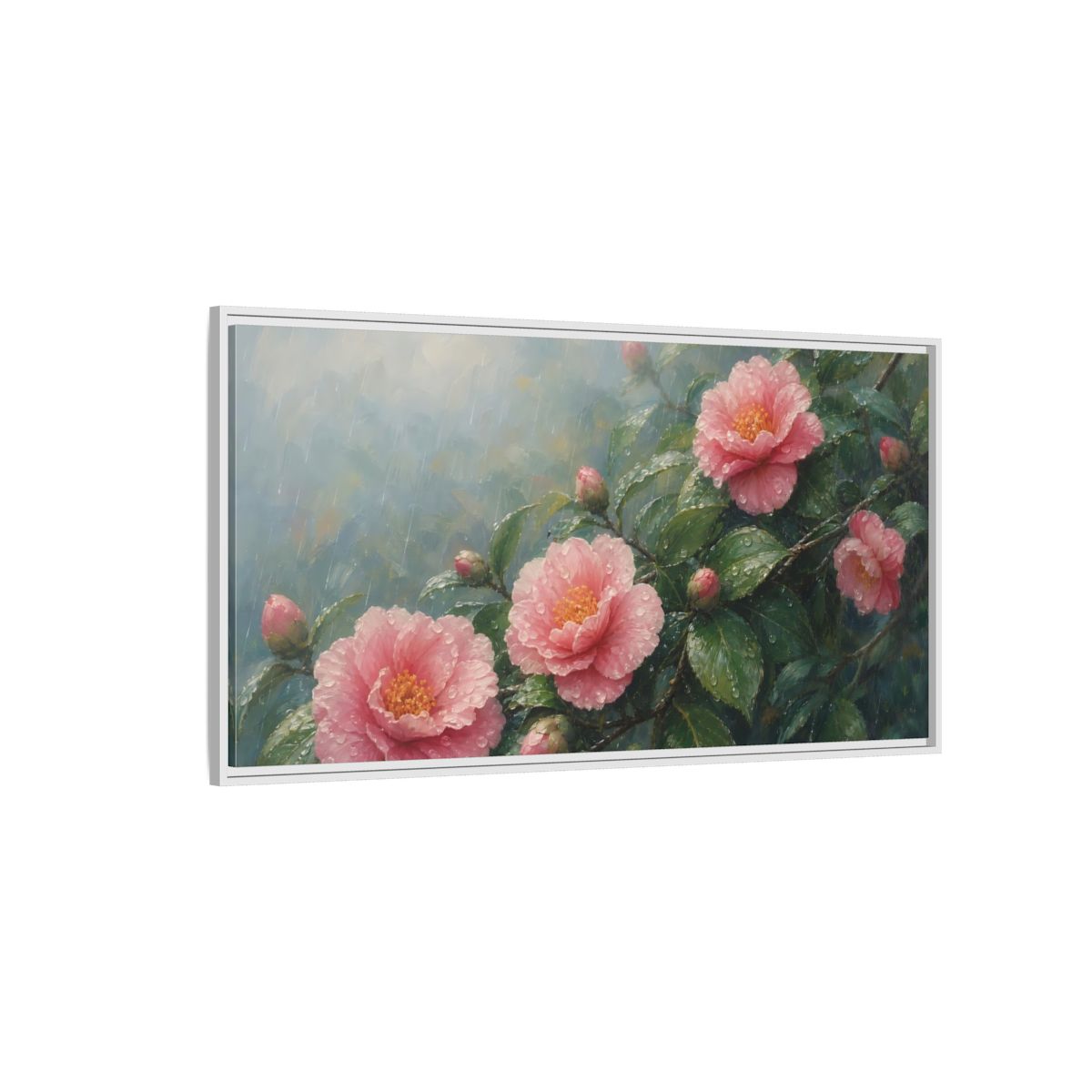 Side Mockup 3. Floral Camellia Flowers Pink Floral Rain shown as stretched canvas wall art