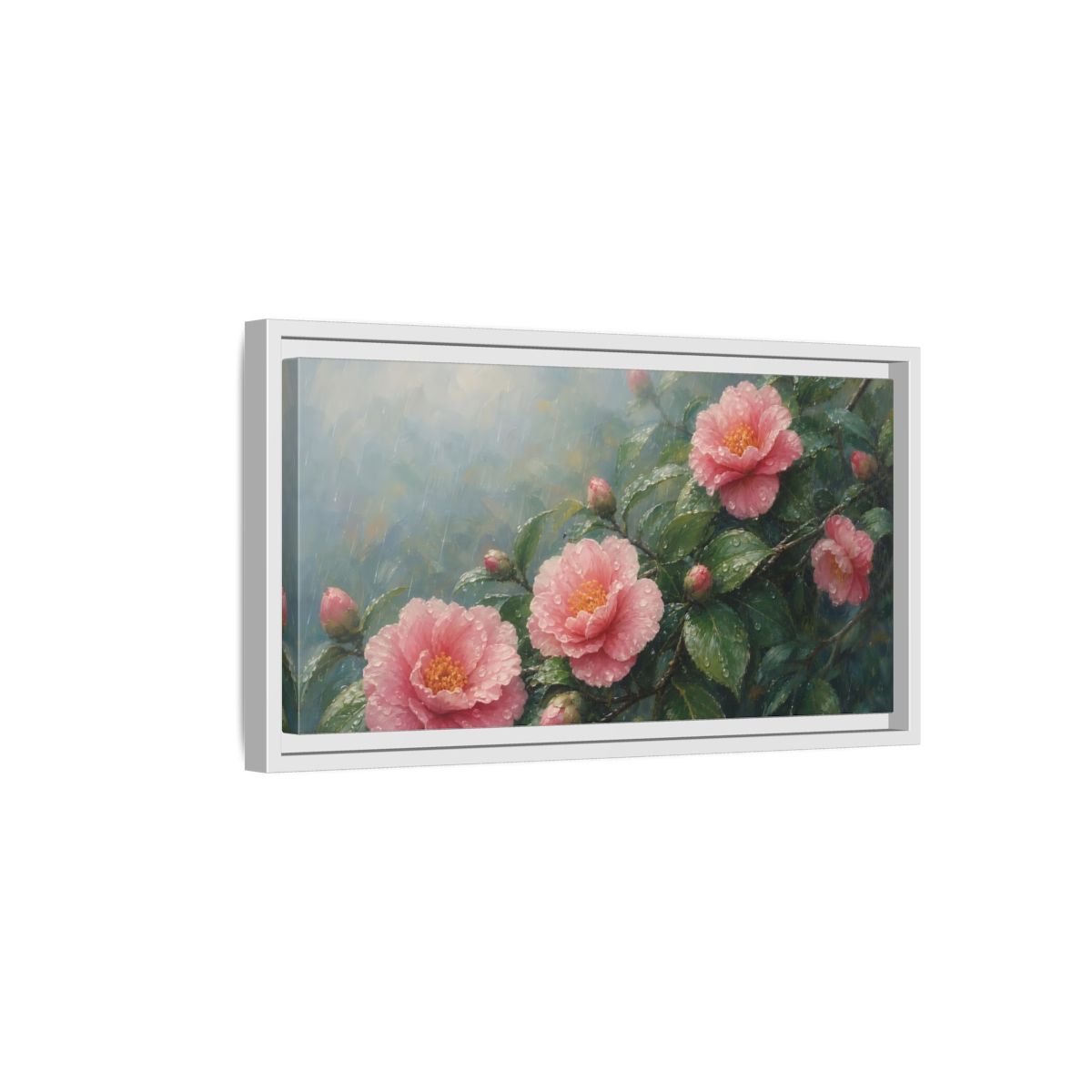 Side Mockup 6. Floral Camellia Flowers Pink Floral Rain shown as stretched canvas wall art