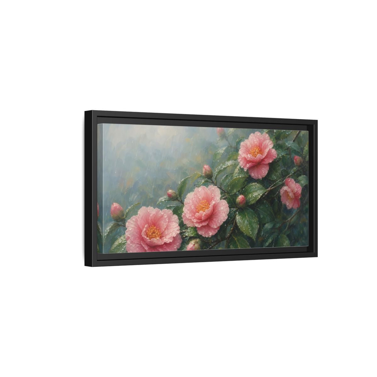Side Mockup 8. Floral Camellia Flowers Pink Floral Rain shown as stretched canvas wall art