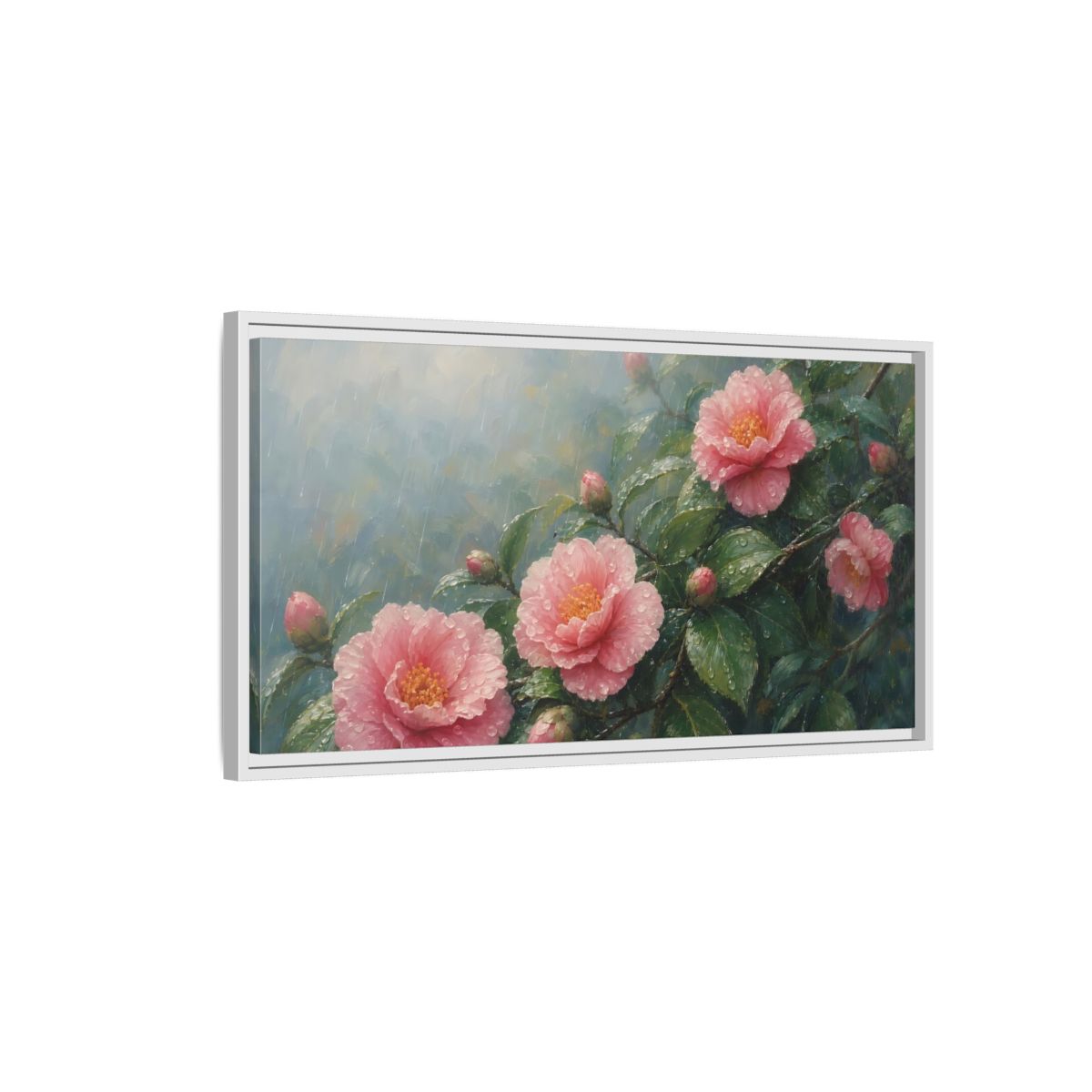 Side Mockup 1. Floral Camellia Flowers Pink Floral Rain shown as stretched canvas wall art