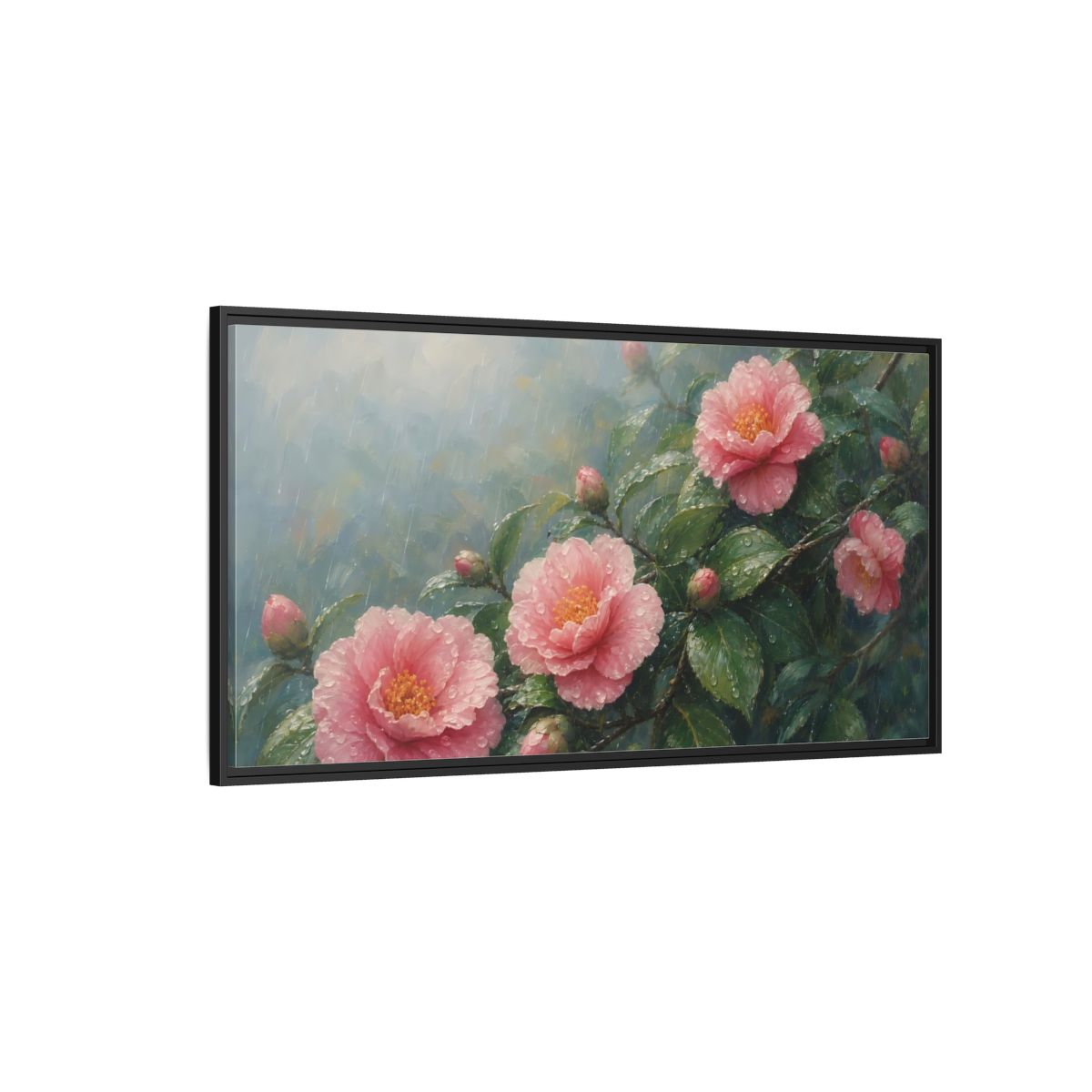 Side Mockup 5. Floral Camellia Flowers Pink Floral Rain shown as stretched canvas wall art