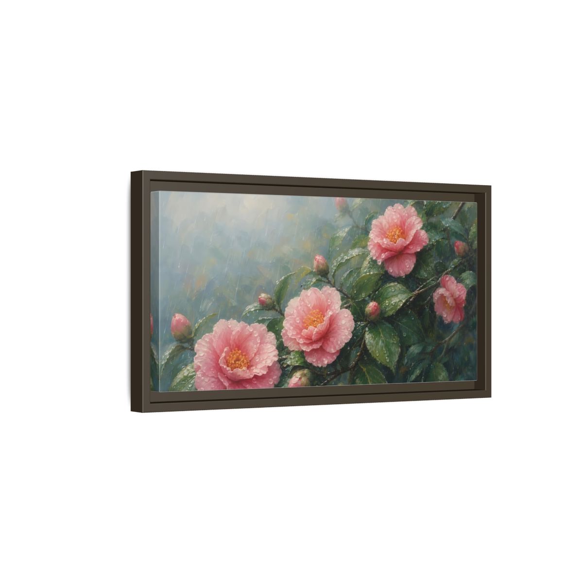 Side Mockup 7. Floral Camellia Flowers Pink Floral Rain shown as stretched canvas wall art