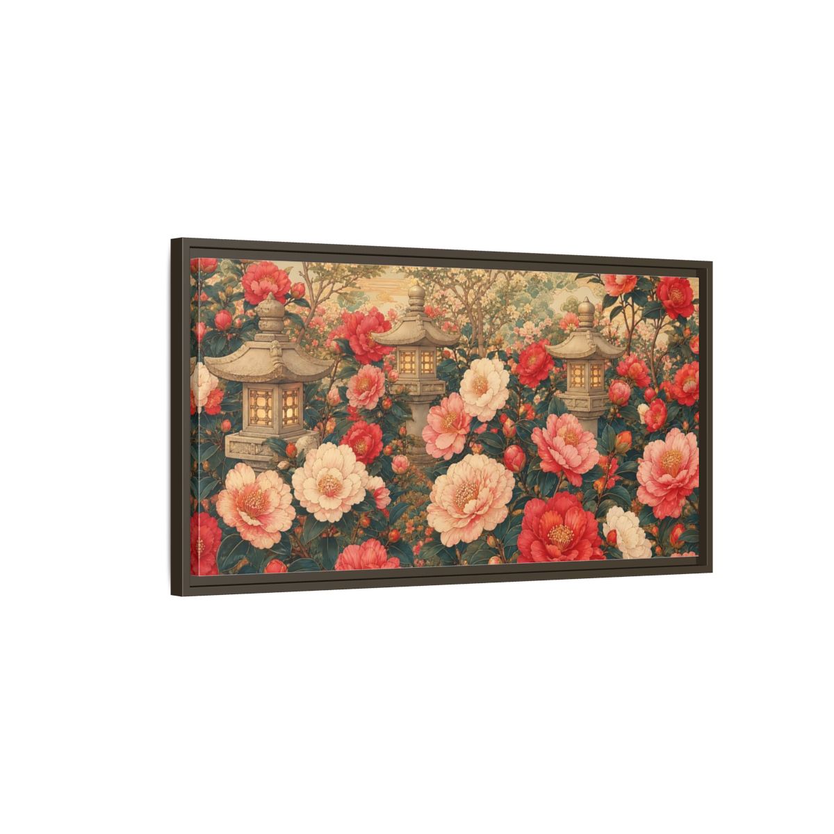 Main Mockup. Floral Camellia Flowers Pink Red Camellia shown as stretched canvas wall art
