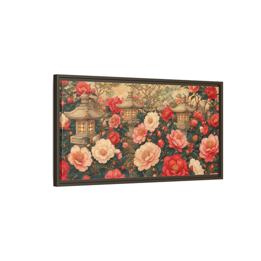 Main Mockup. Floral Camellia Flowers Pink Red Camellia shown as stretched canvas wall art