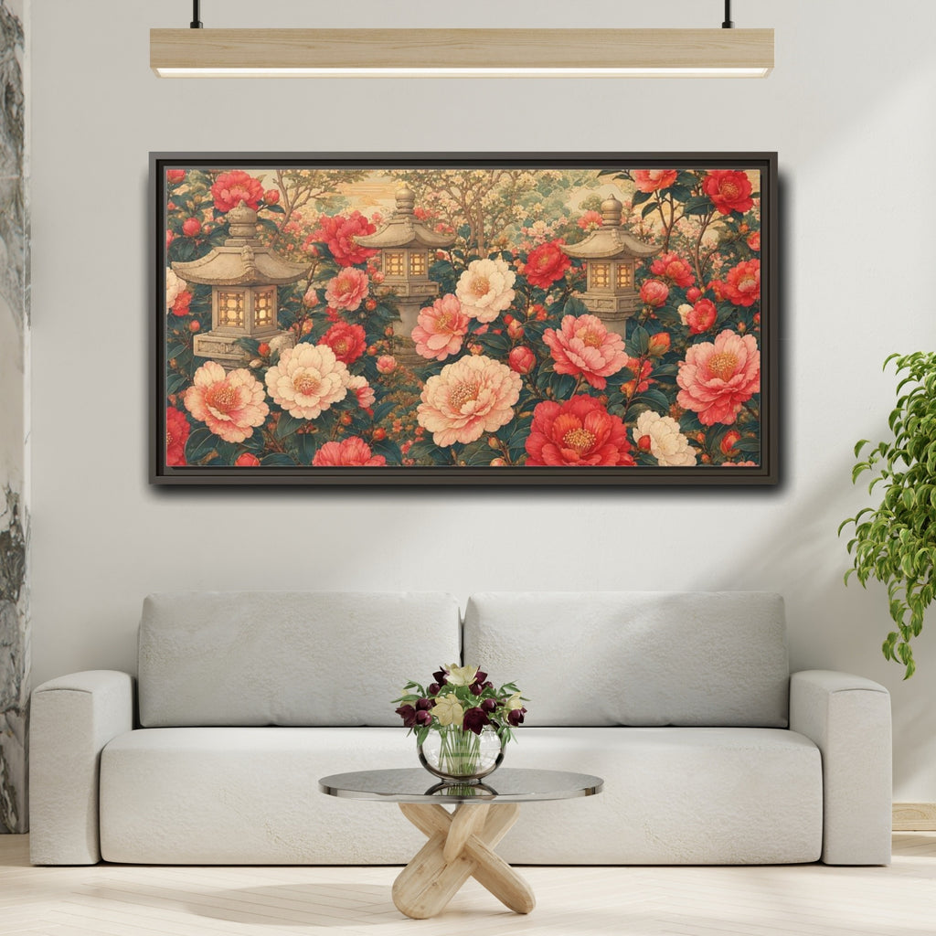 Mockup 2. Floral Camellia Flowers Pink Red Camellia shown as stretched canvas wall art