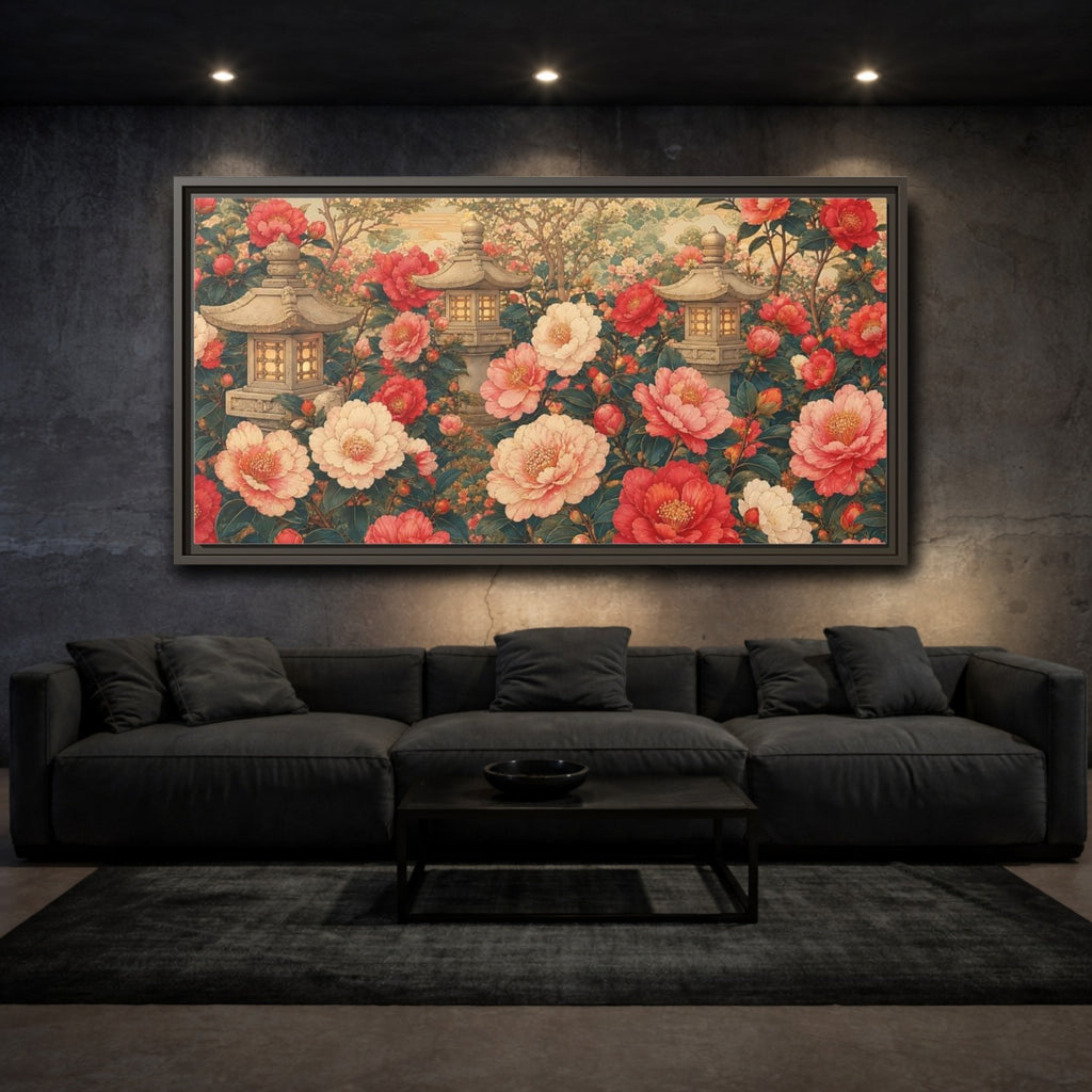 Mockup 3. Floral Camellia Flowers Pink Red Camellia shown as stretched canvas wall art