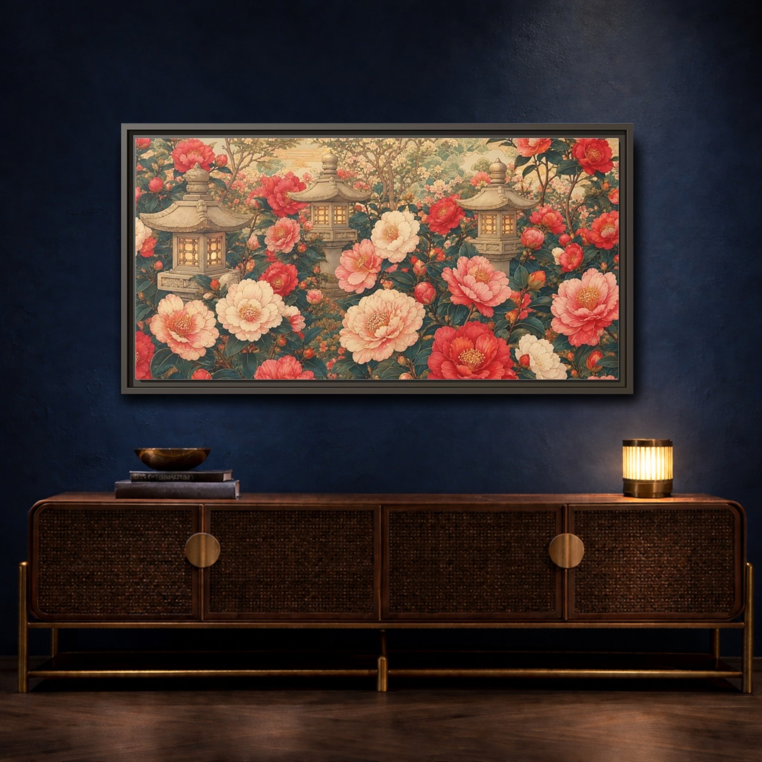 Mockup 4. Floral Camellia Flowers Pink Red Camellia shown as stretched canvas wall art
