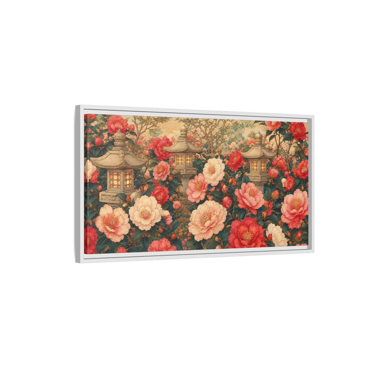 Side Mockup 1. Floral Camellia Flowers Pink Red Camellia shown as stretched canvas wall art