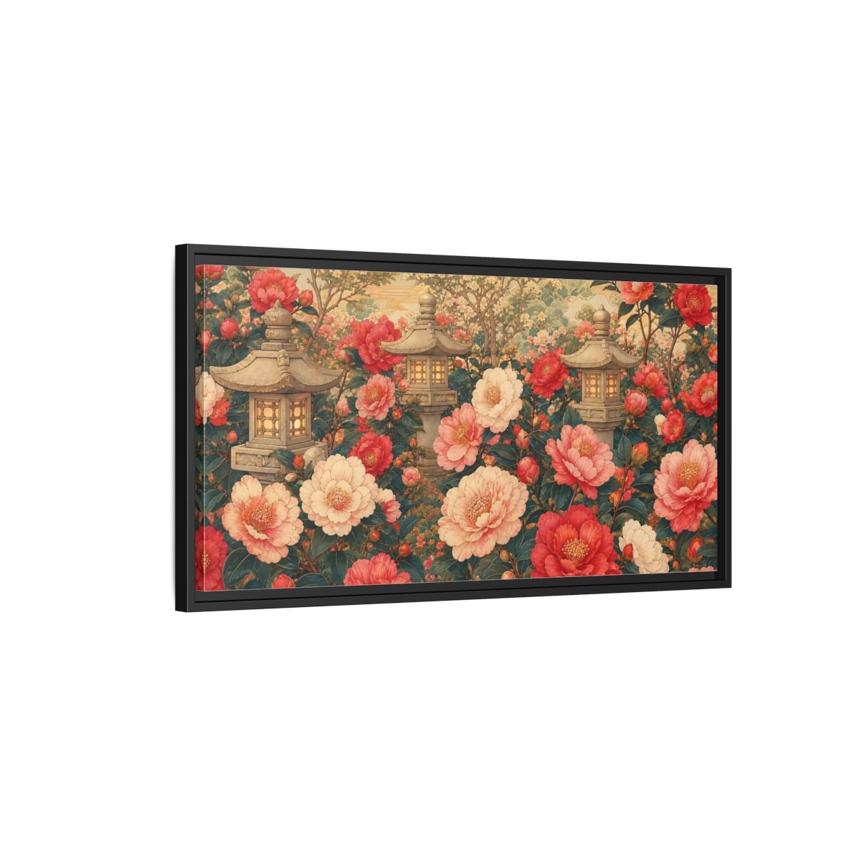Side Mockup 2. Floral Camellia Flowers Pink Red Camellia shown as stretched canvas wall art