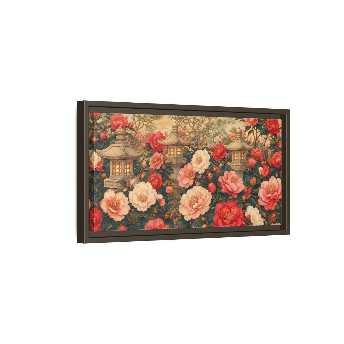 Side Mockup 7. Floral Camellia Flowers Pink Red Camellia shown as stretched canvas wall art