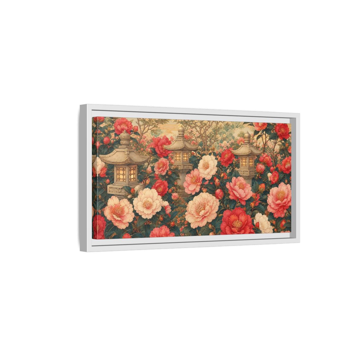 Side Mockup 6. Floral Camellia Flowers Pink Red Camellia shown as stretched canvas wall art
