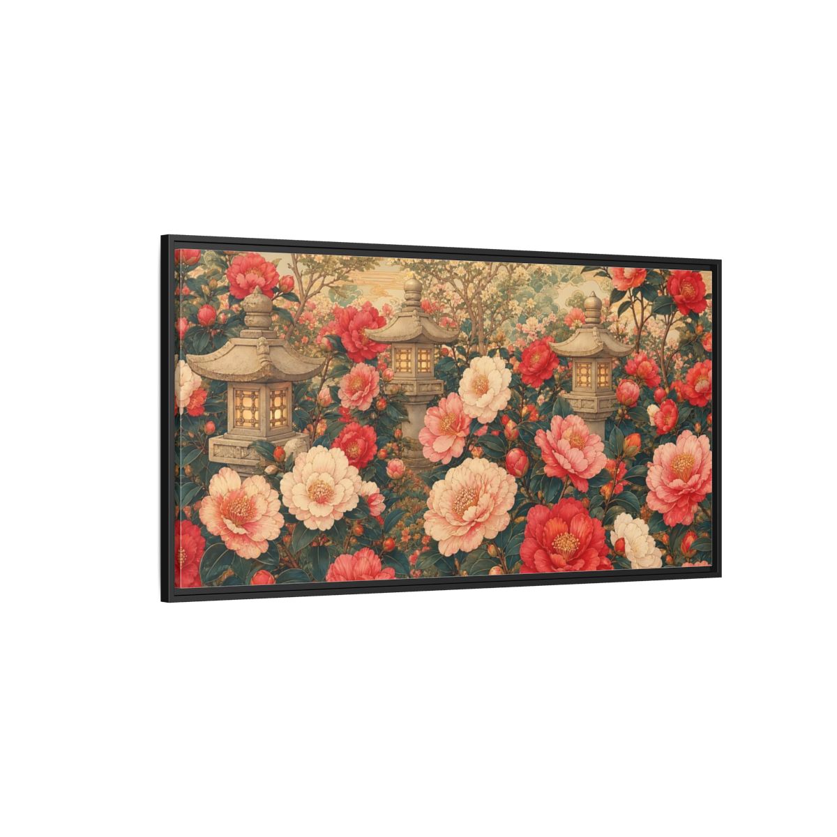 Side Mockup 5. Floral Camellia Flowers Pink Red Camellia shown as stretched canvas wall art
