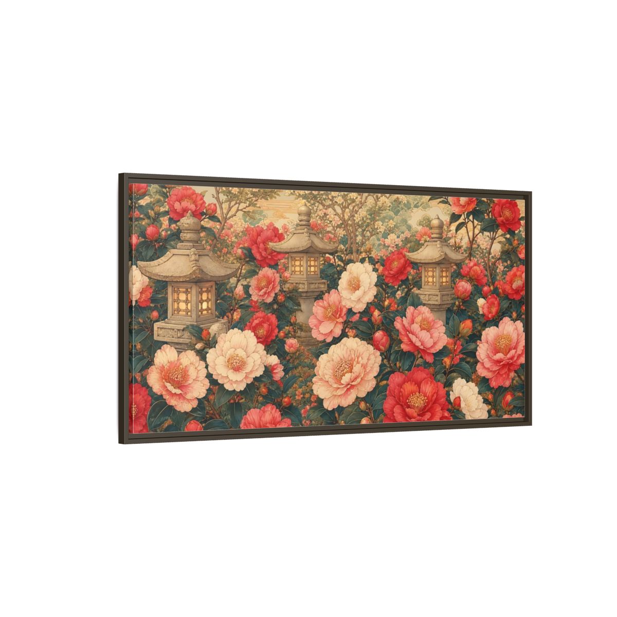 Side Mockup 4. Floral Camellia Flowers Pink Red Camellia shown as stretched canvas wall art