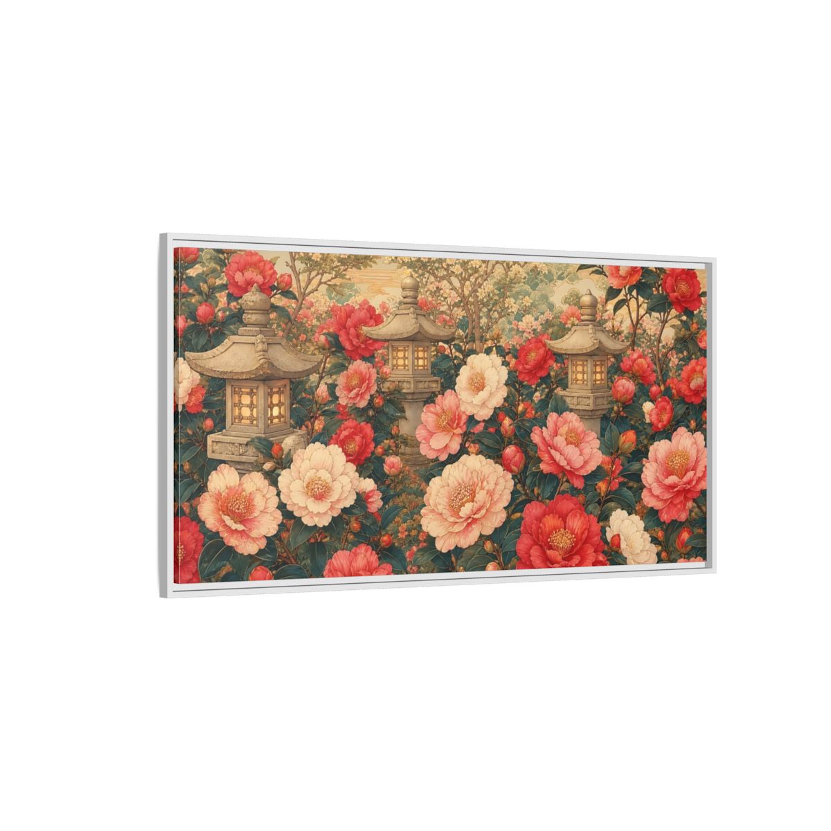 Side Mockup 3. Floral Camellia Flowers Pink Red Camellia shown as stretched canvas wall art