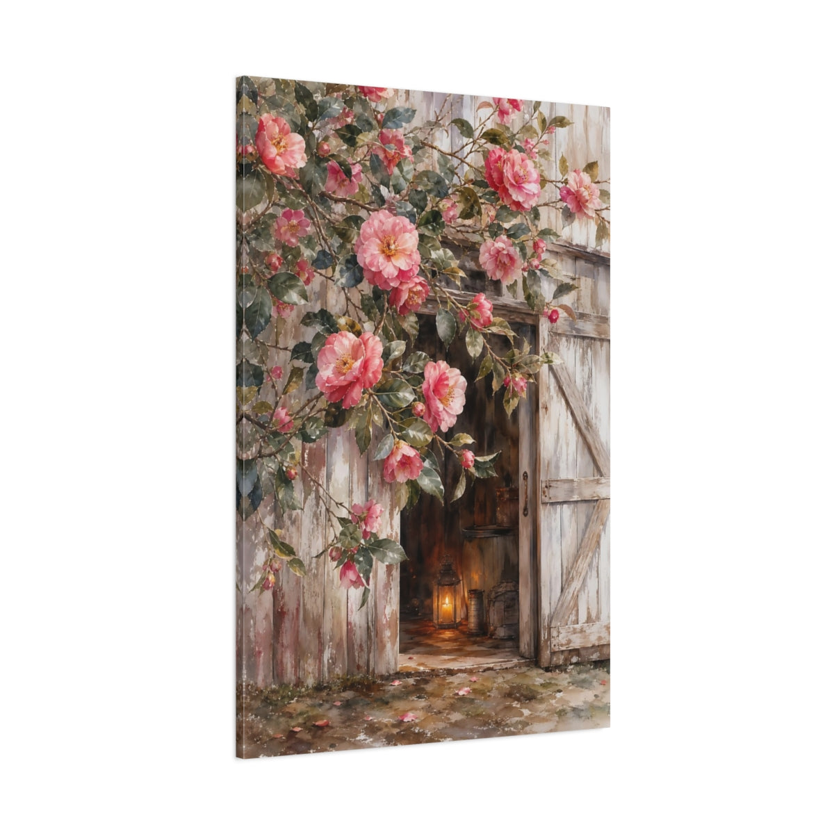Side Mockup 1. Floral Camellia Flowers Pink Camellia Rustic shown as stretched canvas wall art