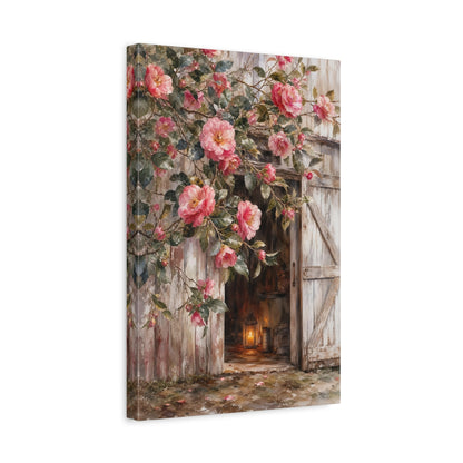 Side Mockup 4. Floral Camellia Flowers Pink Camellia Rustic shown as stretched canvas wall art