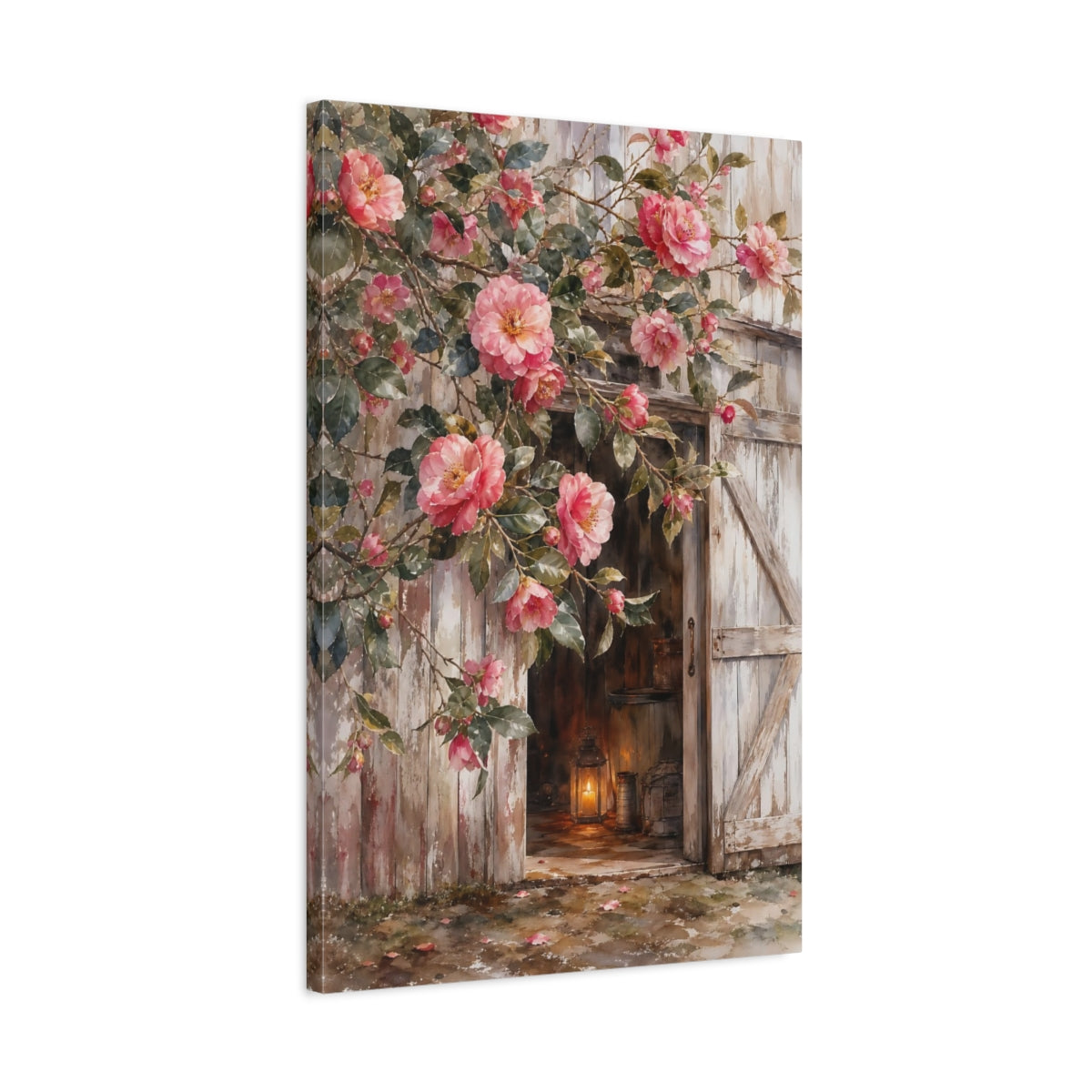 Side Mockup 2. Floral Camellia Flowers Pink Camellia Rustic shown as stretched canvas wall art