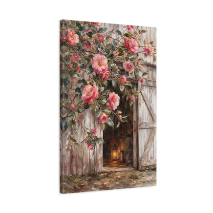Side Mockup 2. Floral Camellia Flowers Pink Camellia Rustic shown as stretched canvas wall art
