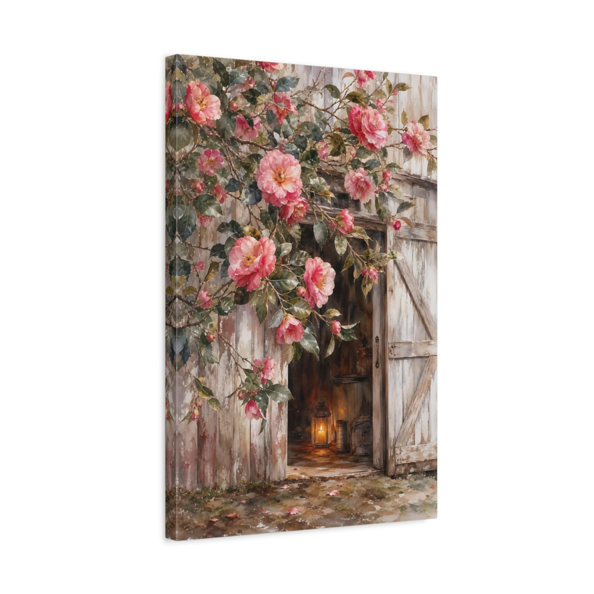 Side Mockup 3. Floral Camellia Flowers Pink Camellia Rustic shown as stretched canvas wall art
