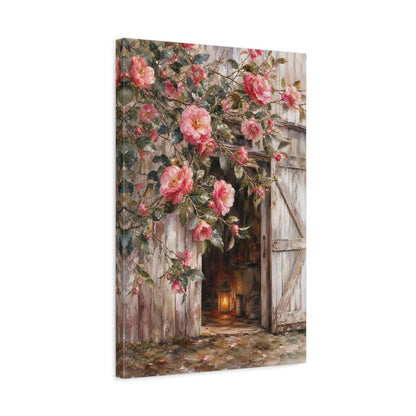 Side Mockup 3. Floral Camellia Flowers Pink Camellia Rustic shown as stretched canvas wall art