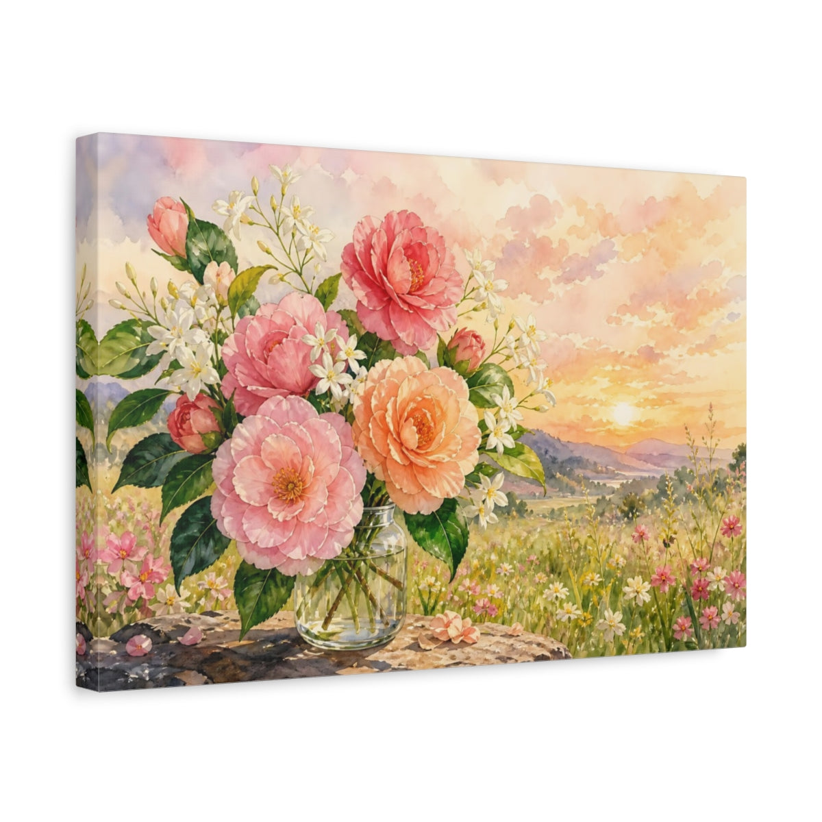 Side Mockup 4. Floral Camellia Flowers Pink Flowers Sunset shown as stretched canvas wall art