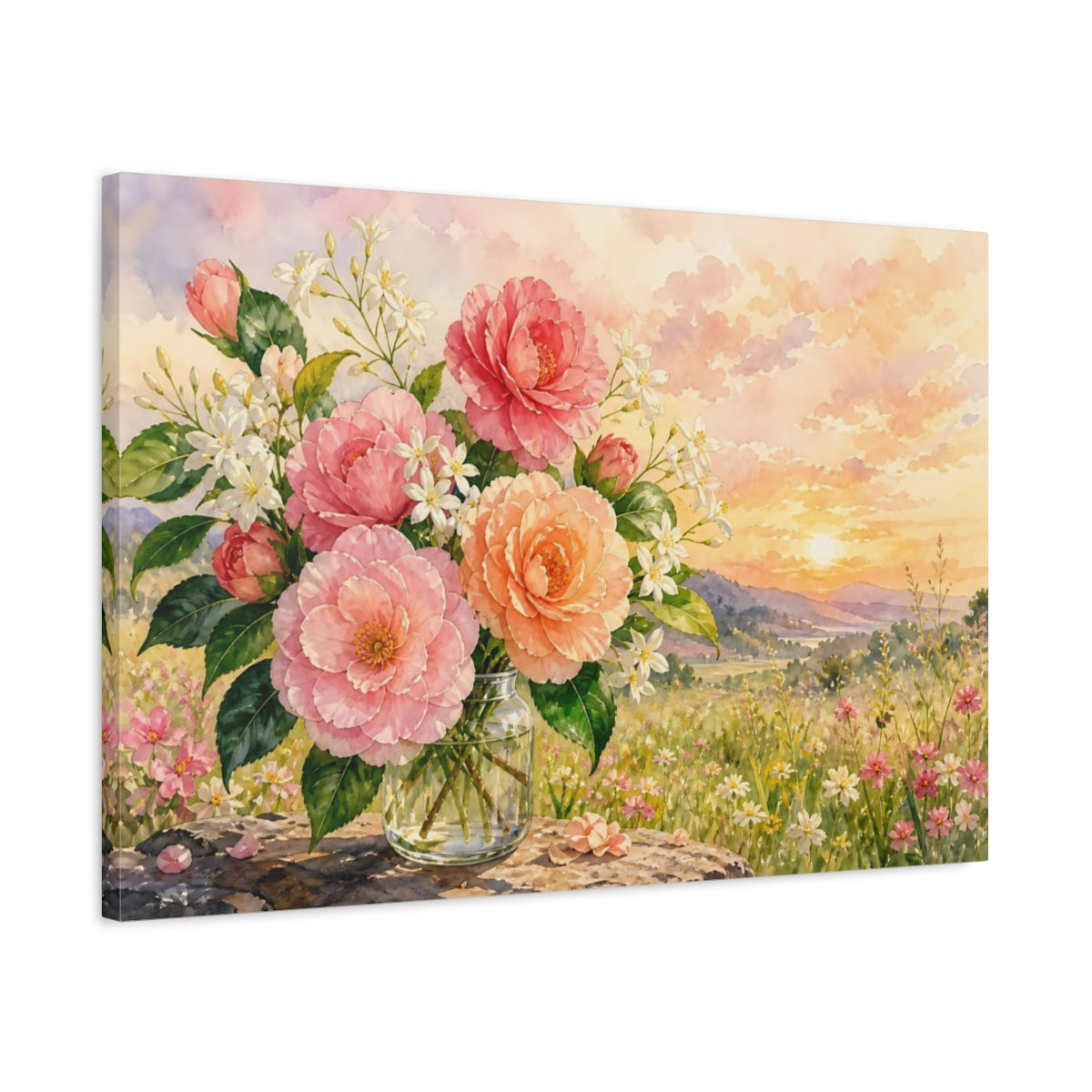 Side Mockup 2. Floral Camellia Flowers Pink Flowers Sunset shown as stretched canvas wall art
