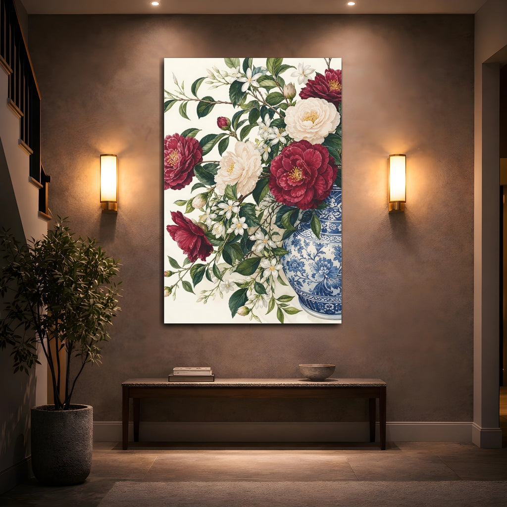 Mockup 2. Floral Camellia Flowers Red Floral Vase shown as stretched canvas wall art