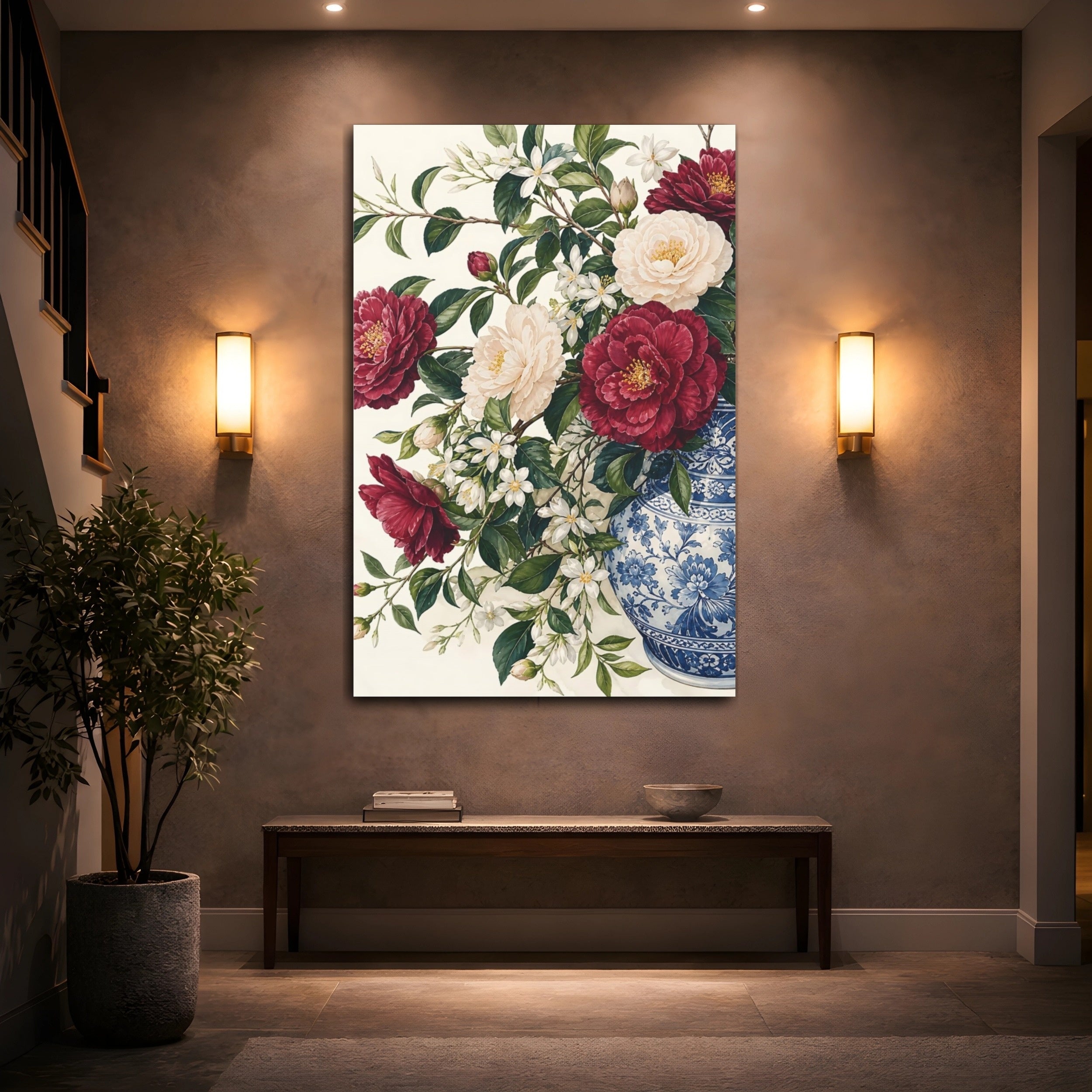 Mockup 2. Floral Camellia Flowers Red Floral Vase shown as stretched canvas wall art