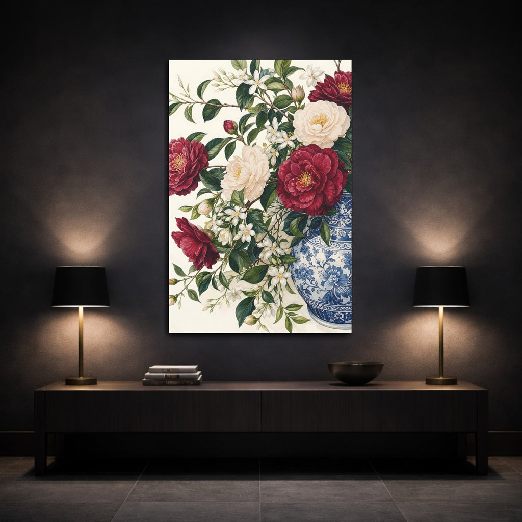 Mockup 3. Floral Camellia Flowers Red Floral Vase shown as stretched canvas wall art