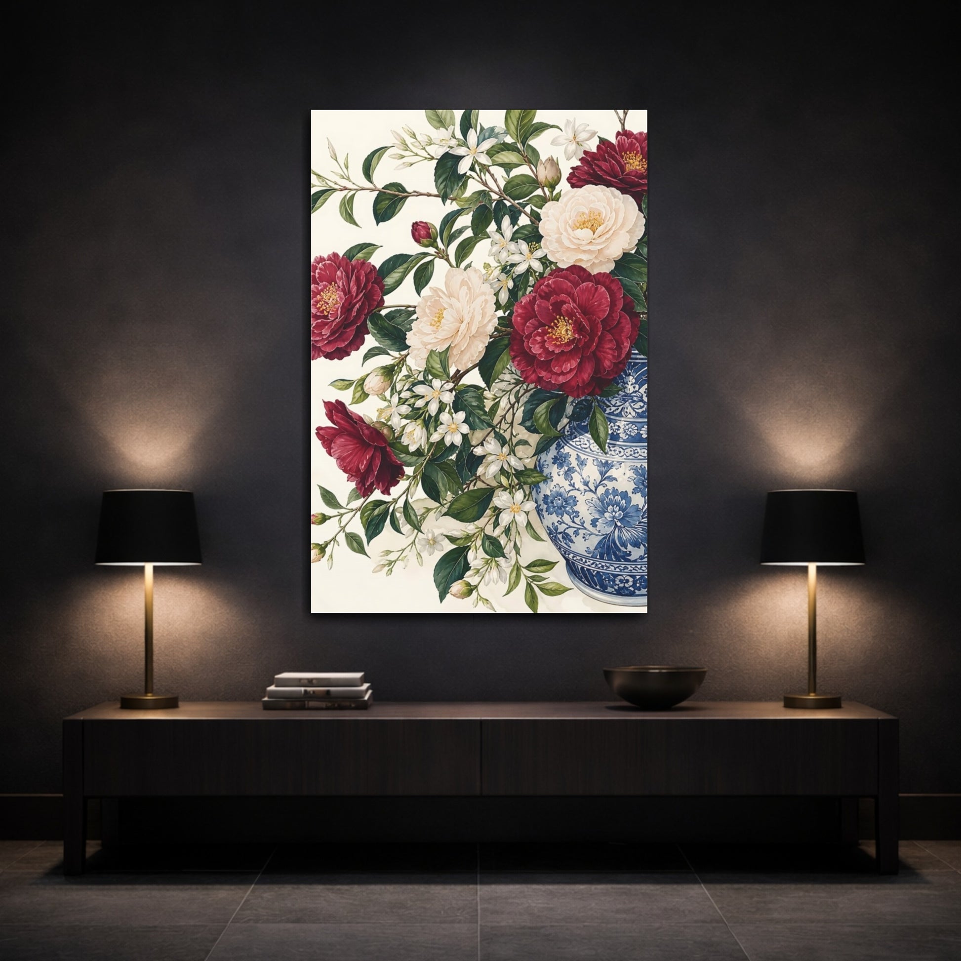 Mockup 3. Floral Camellia Flowers Red Floral Vase shown as stretched canvas wall art