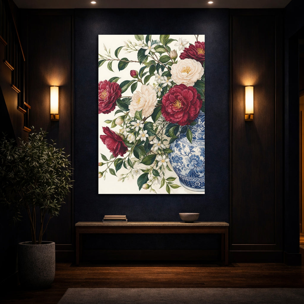 Mockup 4. Floral Camellia Flowers Red Floral Vase shown as stretched canvas wall art